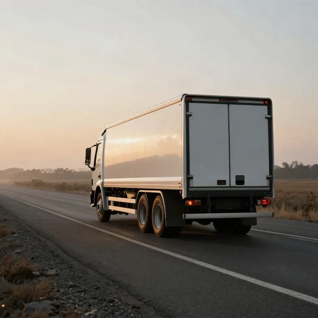 Biała ciężarówka eco-driving na poboczu o zmierzchu, z smugami opon i ciepłą mgłą.