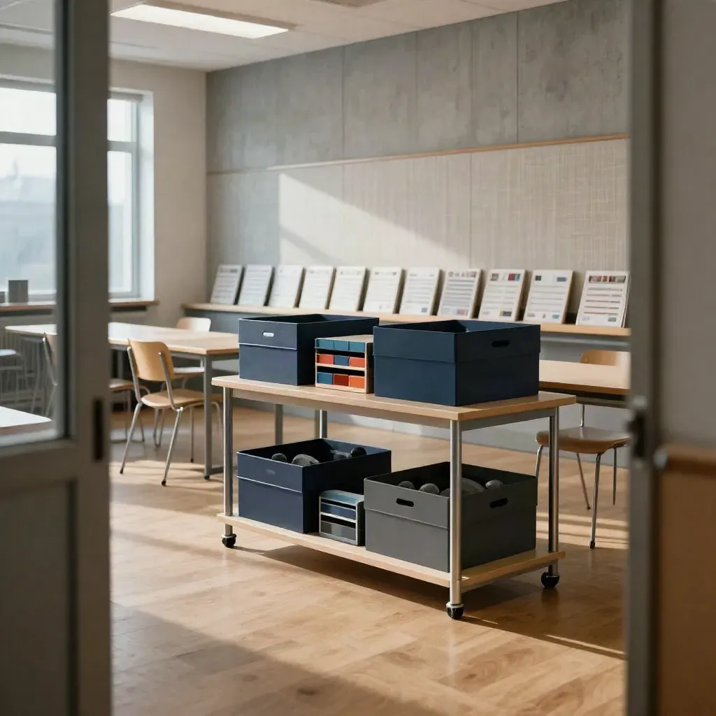 Pusta sala szkoleniowa z granatowymi pudełkami modułów, odsuniętymi krzesłami i półką materiałów.