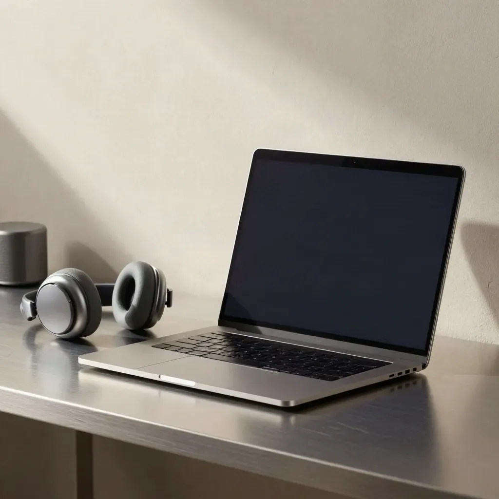 Laptop, słuchawki i głośnik na aluminiowej powierzchni, gotowe do szkolenia online.