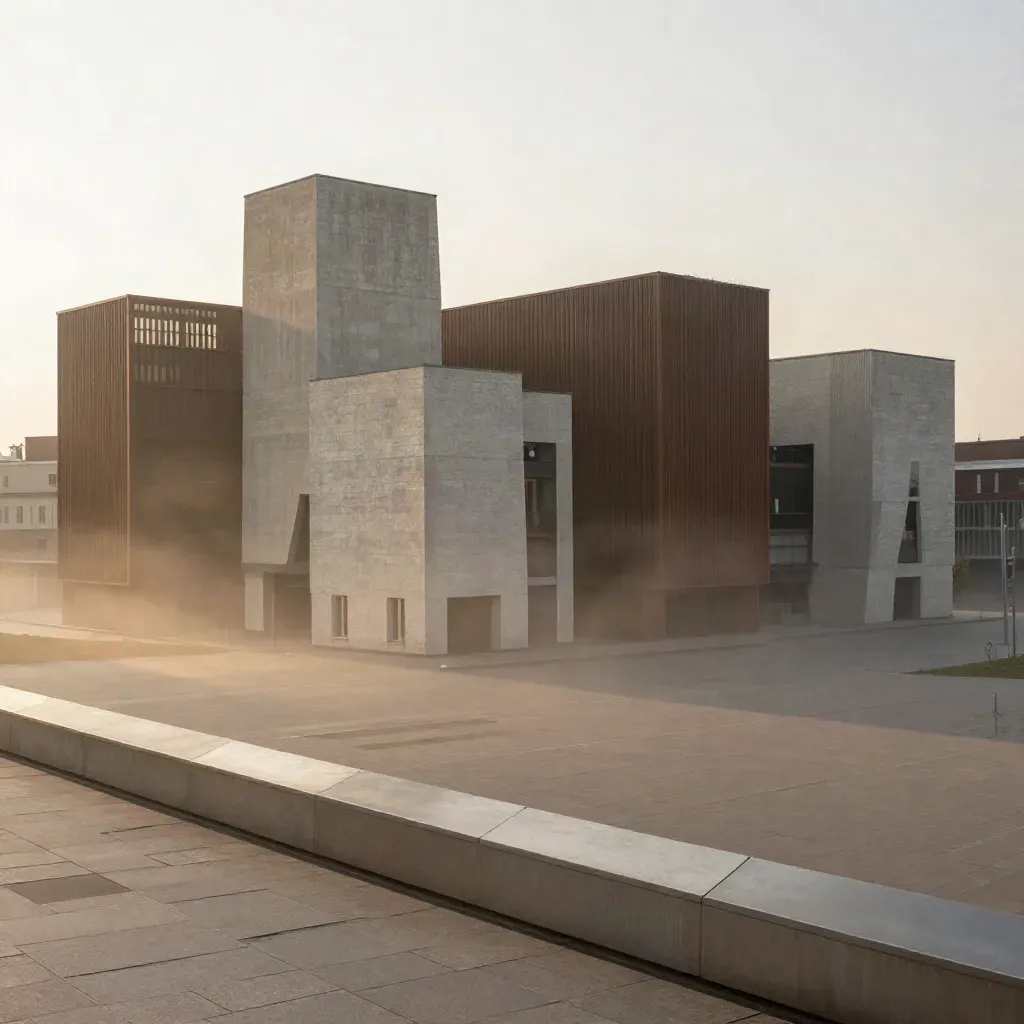 Widok Katowic ze Śląska: industrialne hale i kultura w ciepłej mgle nad spokojnym placem