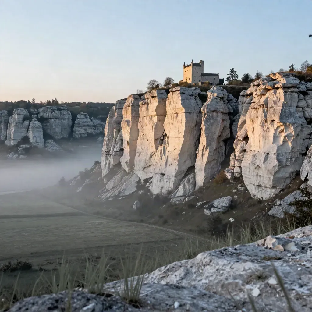 Wapienna skarpa w Ojcowie z małą sylwetką zamku nad mglistą, spokojną doliną o zmierzchu